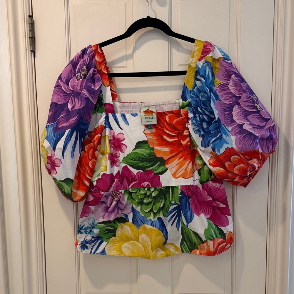 FARM Rio Multicolor Floral Puff-Sleeve Square Neck Top